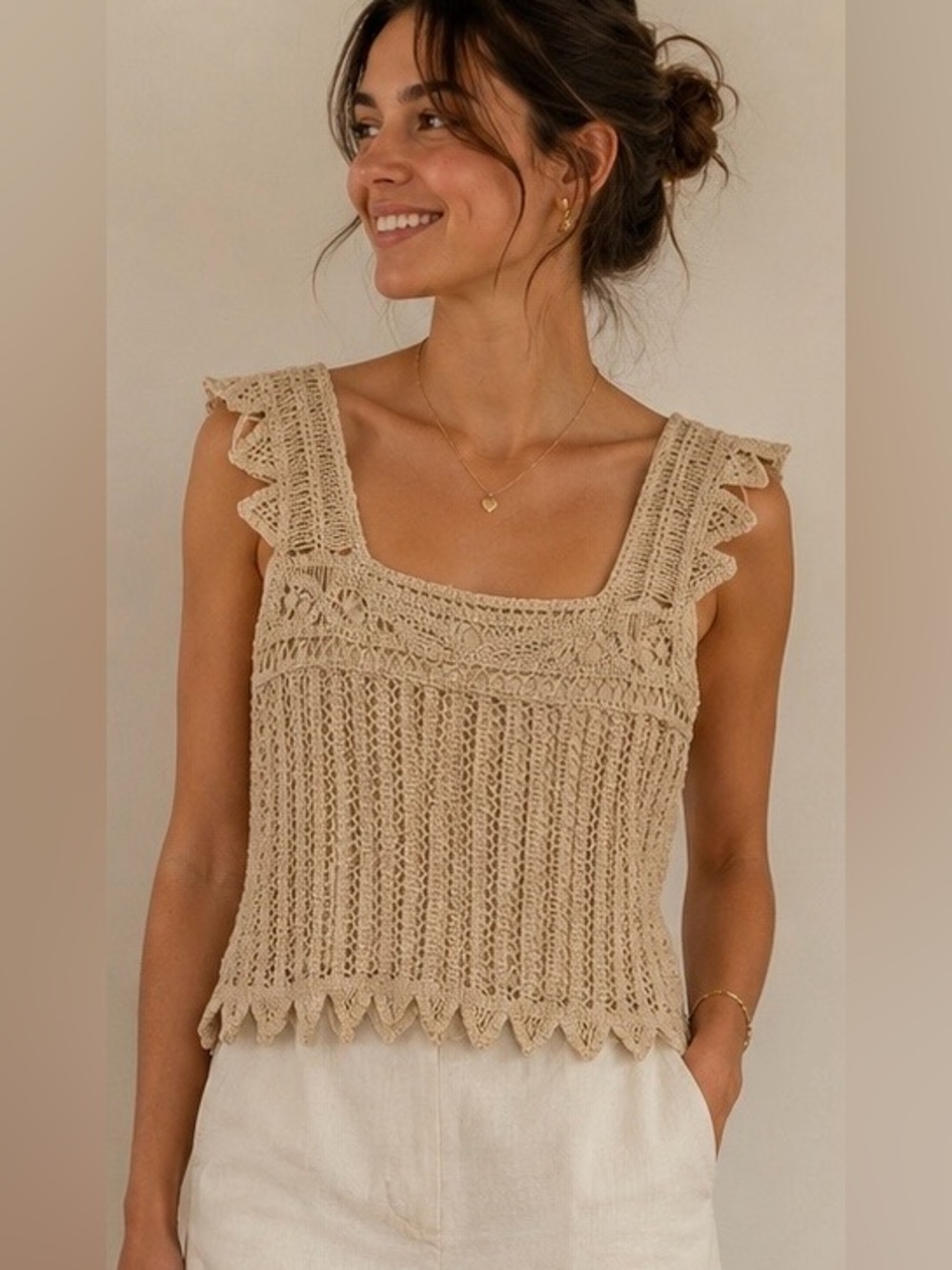 Sleeveless Crochet Square-Neck Tank Top - Cream